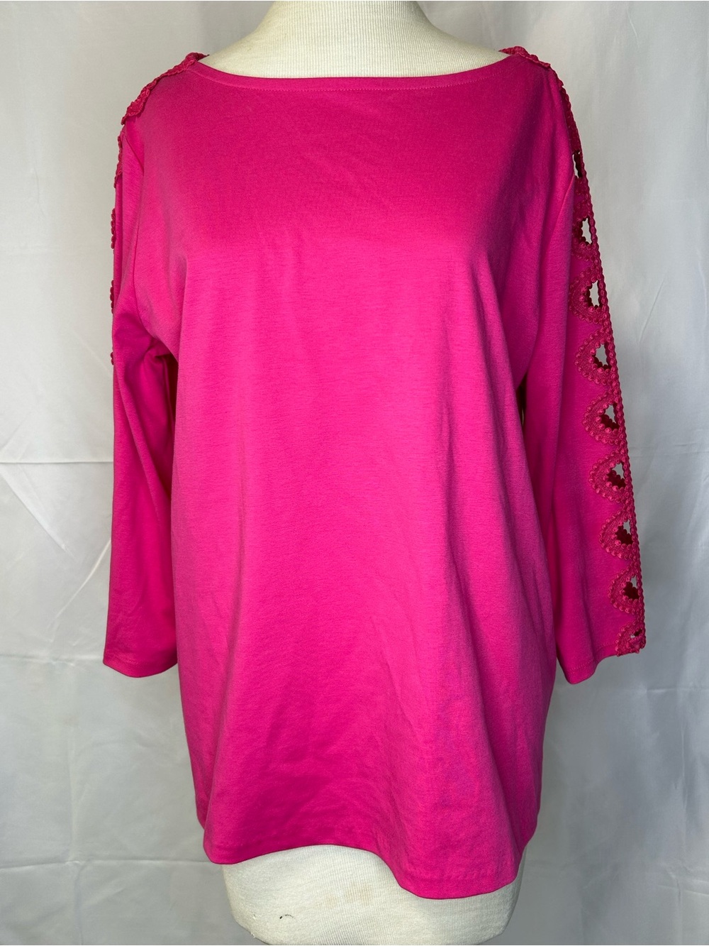 Talbots Women’s XL Pink Crochet Cutout Sleeve Top Cotton Blend Boat Neck